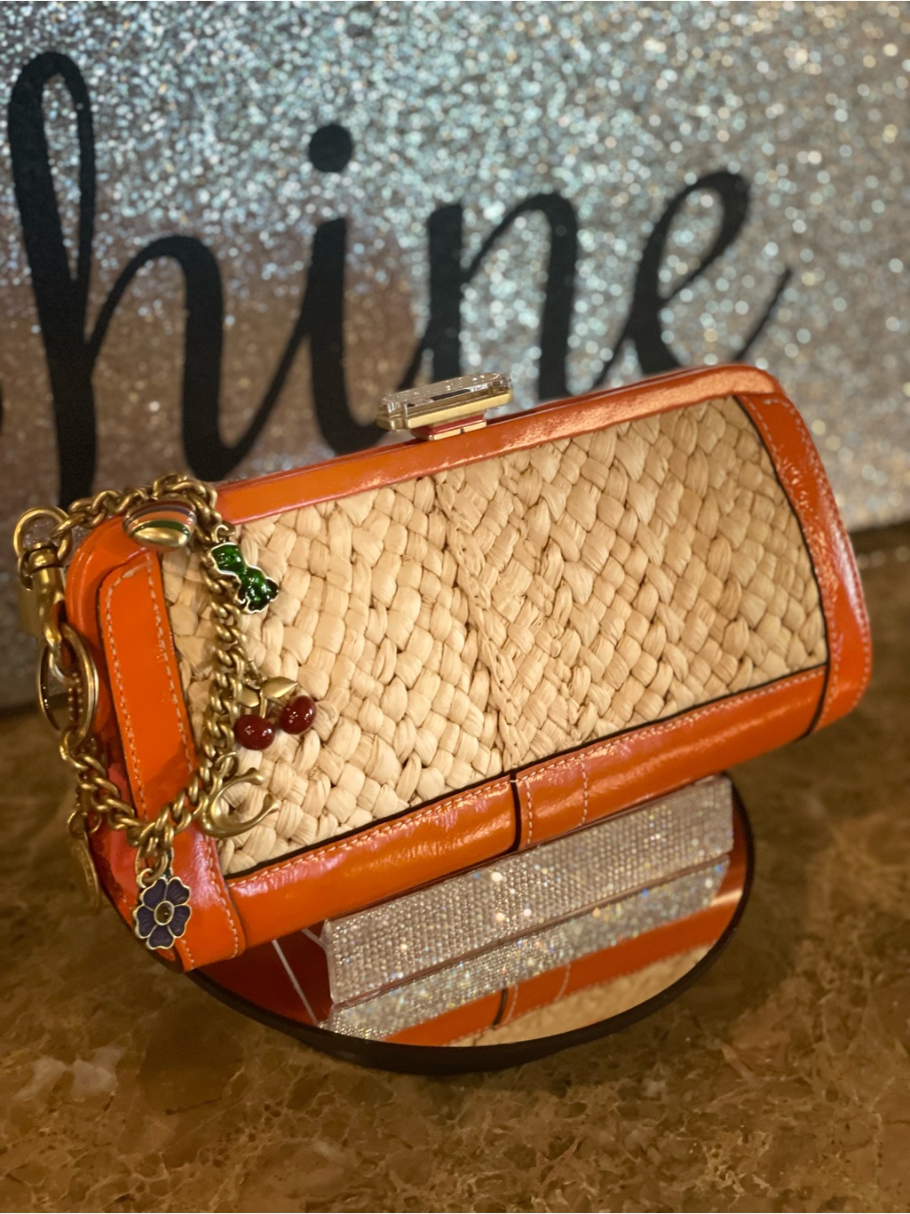 Coach Vintage Orange Straw Leather Minaudire Clutch With Motif Chain Bag Charm